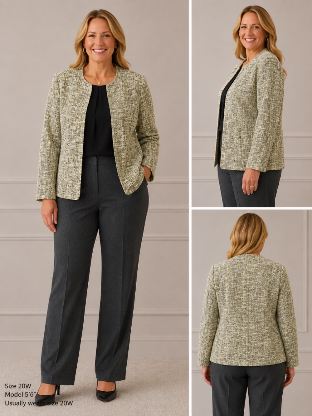 Kasper Separates 20W Tweed Open Front Blazer Yellow Black White